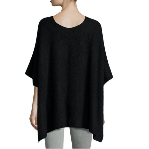 VINCE BLACK RIBBED KNIT CASHMERE SHORT SLEEVE V NECK PONCHO SWEATER - Picture 2 of 15